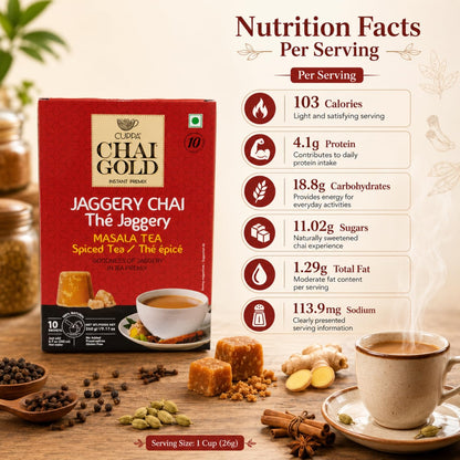 Chai Gold Instant Jaggery Chai Tea Premix Powder, Traditional Indian Milk Tea Latte Mix, Naturally Sweetened with Jaggery, Quick Preparation Hot Beverage, Low Caffeine, 10 count pack