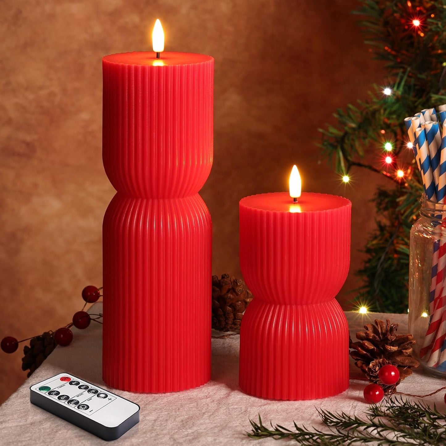 White Ribbed Flameless Pillar Candles with Remote, Real Wax Flickering Battery LED Candles Set of 2