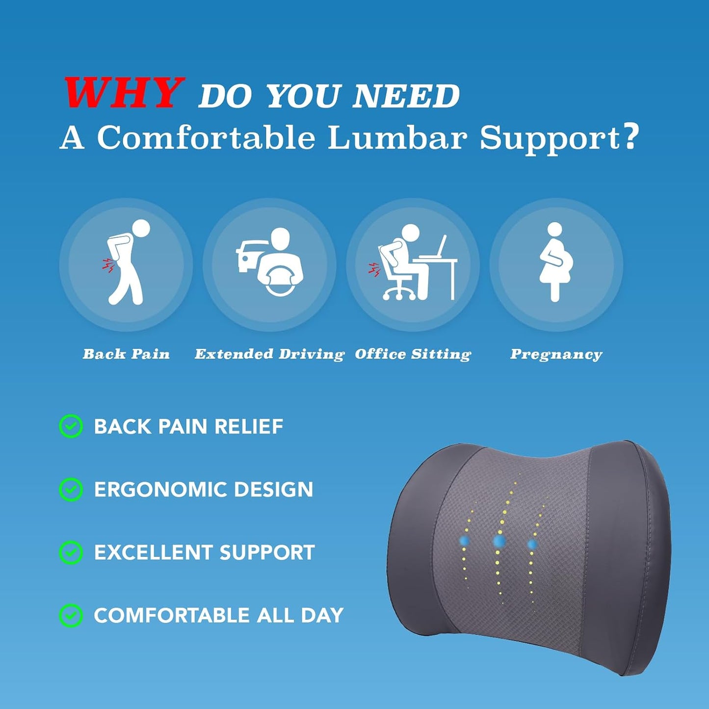 Lofty Aim Lumbar Support Pillow for Car, Car Seat Back Support for Driving | Memory Foam Car Lumbar Support for Driving Seat, Car Back Cushion, Adjustable Straps, Lower Back Pillow, Office Chairs, Black