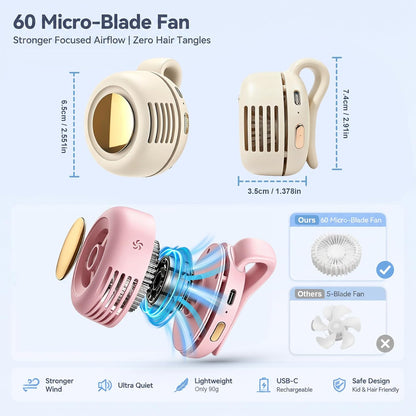Portable Clip-On Fan, Mini Bladeless Waist Fan, 5100RPM 25dB Ultra-Quiet 3-Speed Rechargeable Small Whirlwind Fan, Hands-Free Personal Cooling for Outdoor Travel Office Camping with USB-C