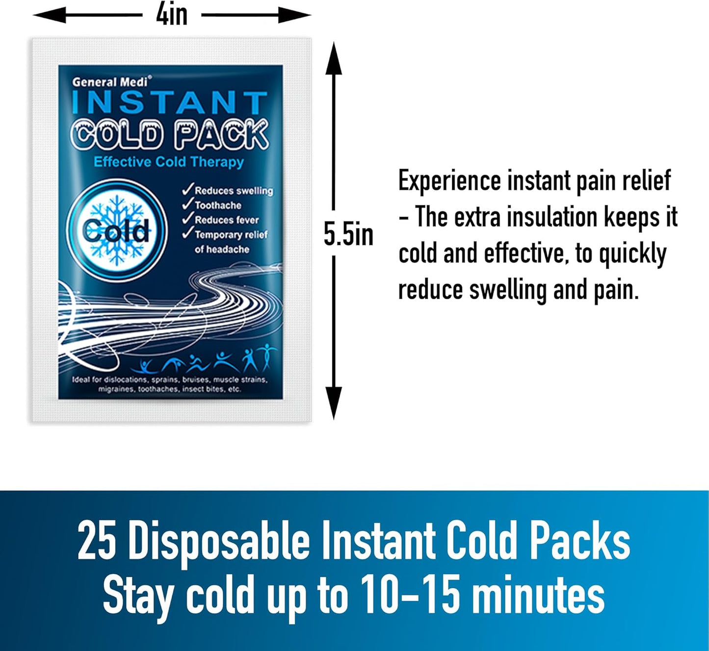 General Medi Instant Ice Cold Pack (4”x 5.5”) – 8 Packs Disposable Cold Therapy Ice Packs for Pain Relief, Swelling, Inflammation, Sprains, Toothache – for Athletes & Outdoor Activities