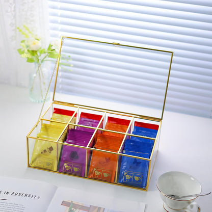 REDHUGO Glass Tea Bag Organizer, 8-Compartment Tea Storage Box, Gold