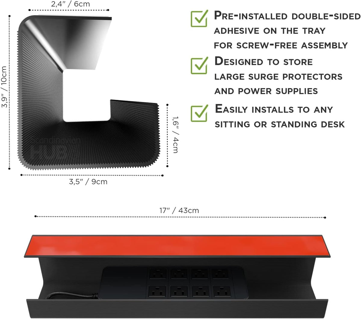 Scanfield Under Desk Cable Management Tray, No-Screw, 17-Inch, 2-Pack Black