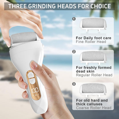 Electric Callus Remover for Feet,Professional Pedicure Kit Rechargeable Foot File Hard Skin Remover for Cracked Heels &Dead Skin,with 3 Roller Heads 2 Speed(White N9)