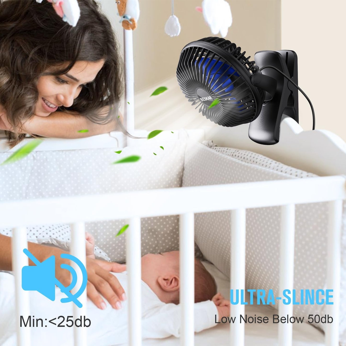 BESKAR Small Clip on Fan, 3 Speeds USB Fans with Strong Airflow, Clip & Desk Fans USB Plug in with Sturdy Clamp - Ultra Quiet operation for Office Dorm Bedroom Stroller