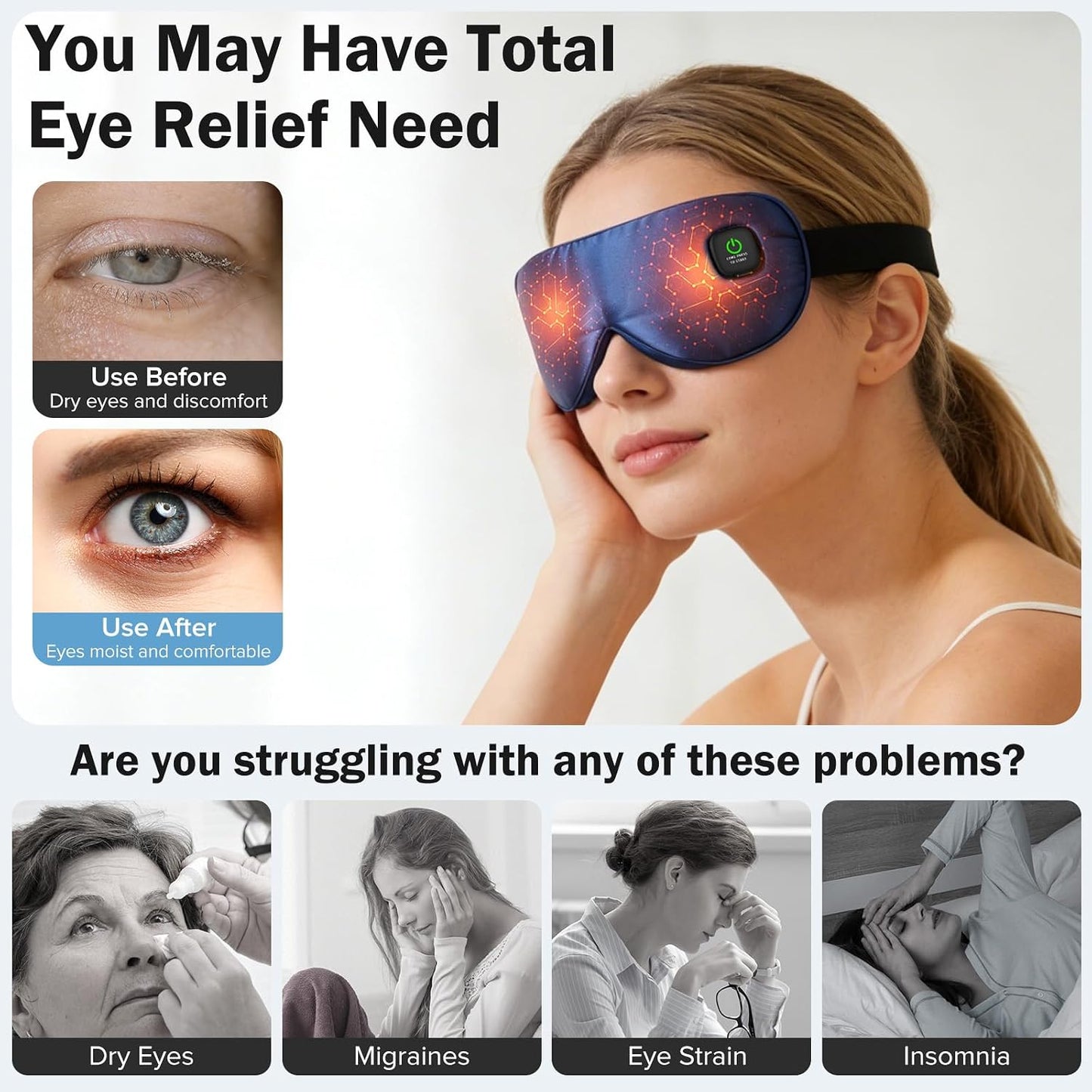 Heated Eye Mask 3 Heat Settings, Cordless Warm Compress with 2 Washable Replacement Covers, Auto Shutoff for Dry Eyes & Eye Strain Home Travel