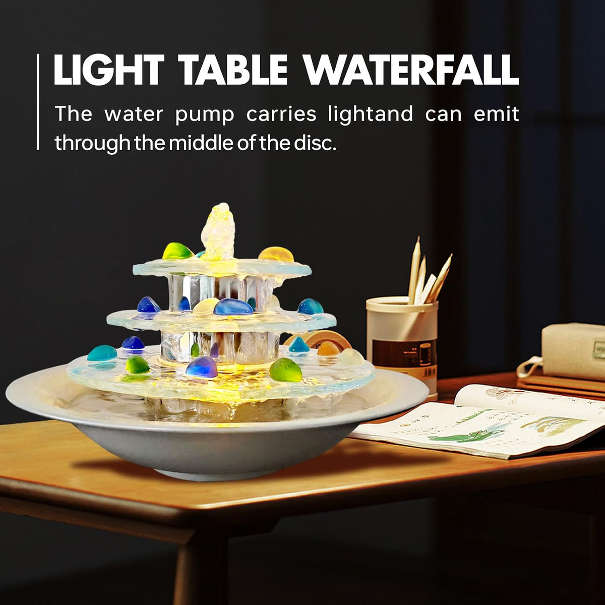 Pamopamo Indoor Tabletop Fountain 3-Tier Waterfall, Zen Meditation Fountain with LED Light, Small Desk Water Feature Soothing Sound Relaxing for Office Home Décor