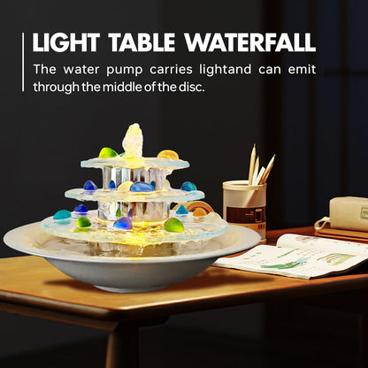 Pamopamo Indoor Tabletop Fountain 3-Tier Waterfall, Zen Meditation Fountain with LED Light, Small Desk Water Feature Soothing Sound Relaxing for Office Home Décor