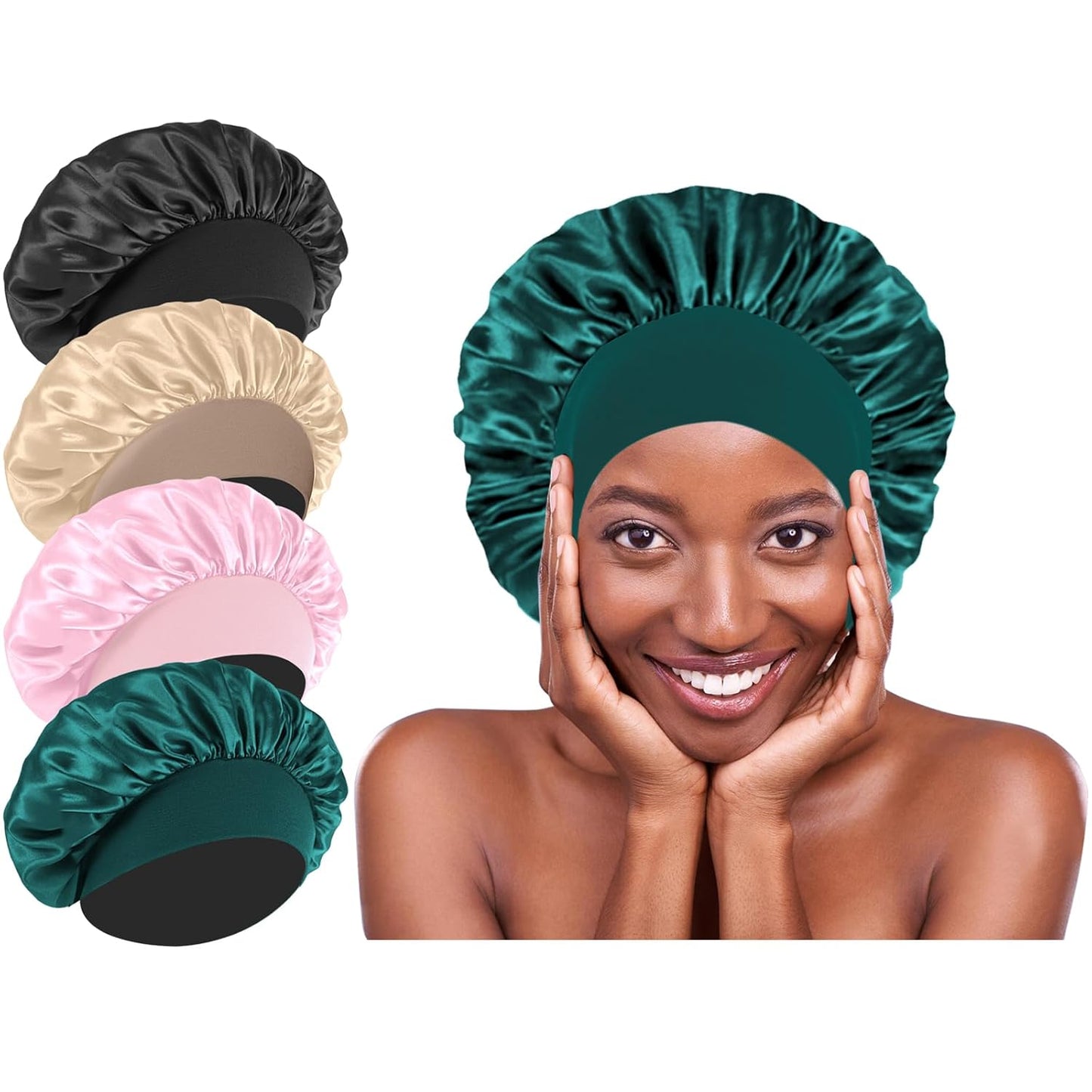 4Pcs Silk Satin Bonnets for Sleeping - Elastic Wide Band Wrap for Black Women Men,Silk Bonnets for Curly Hair,Large Hair Cap for Sleeping (Black+Wine Red+Purple+Brown)