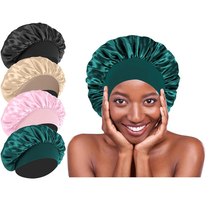 4Pcs Silk Satin Bonnets for Sleeping - Elastic Wide Band Wrap for Black Women Men,Silk Bonnets for Curly Hair,Large Hair Cap for Sleeping (Black+Wine Red+Purple+Brown)