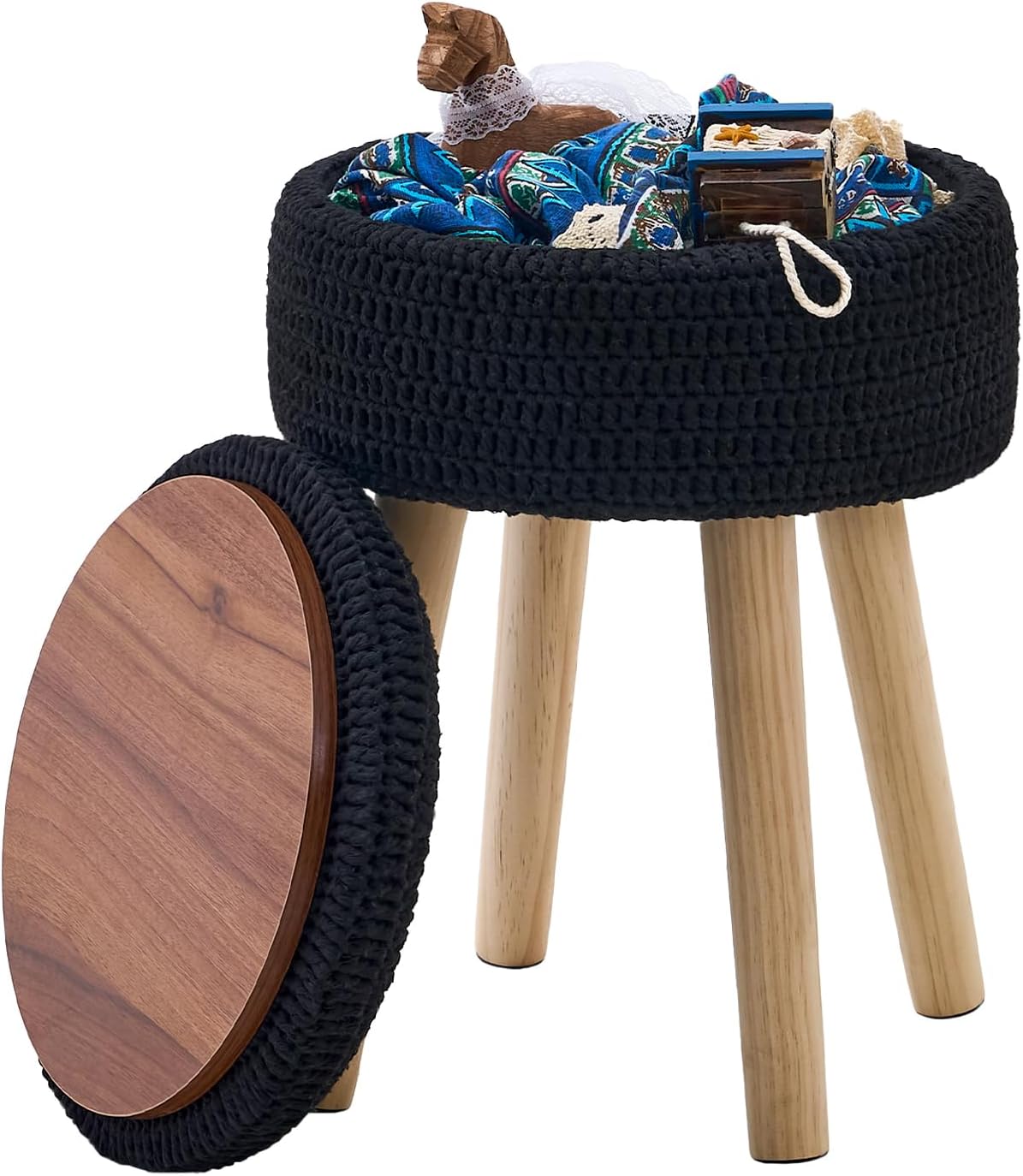 Wimarsbon Pouf Ottoman, 100% Cotton Knitted Boho Footstool, Round Footrest with Non-Skid Wood Legs, Home Décor Handmade Pouffe, Leisure Floor Step Stool for Living Room (Beige)