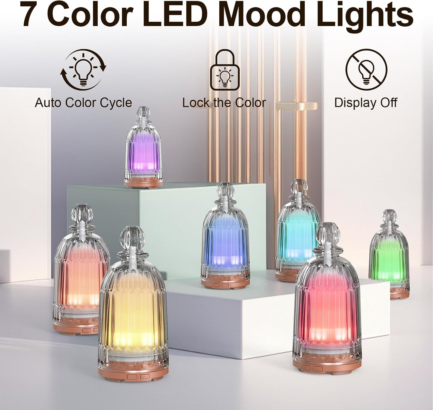 Glass Essential Oil Diffuser, Ultrasonic Aroma Diffuser Glass Cover & Plastic Reservoir with 7 LED Color Changing Light, Auto Shut-Off for Home Office Spa, 120ml(Black Base)