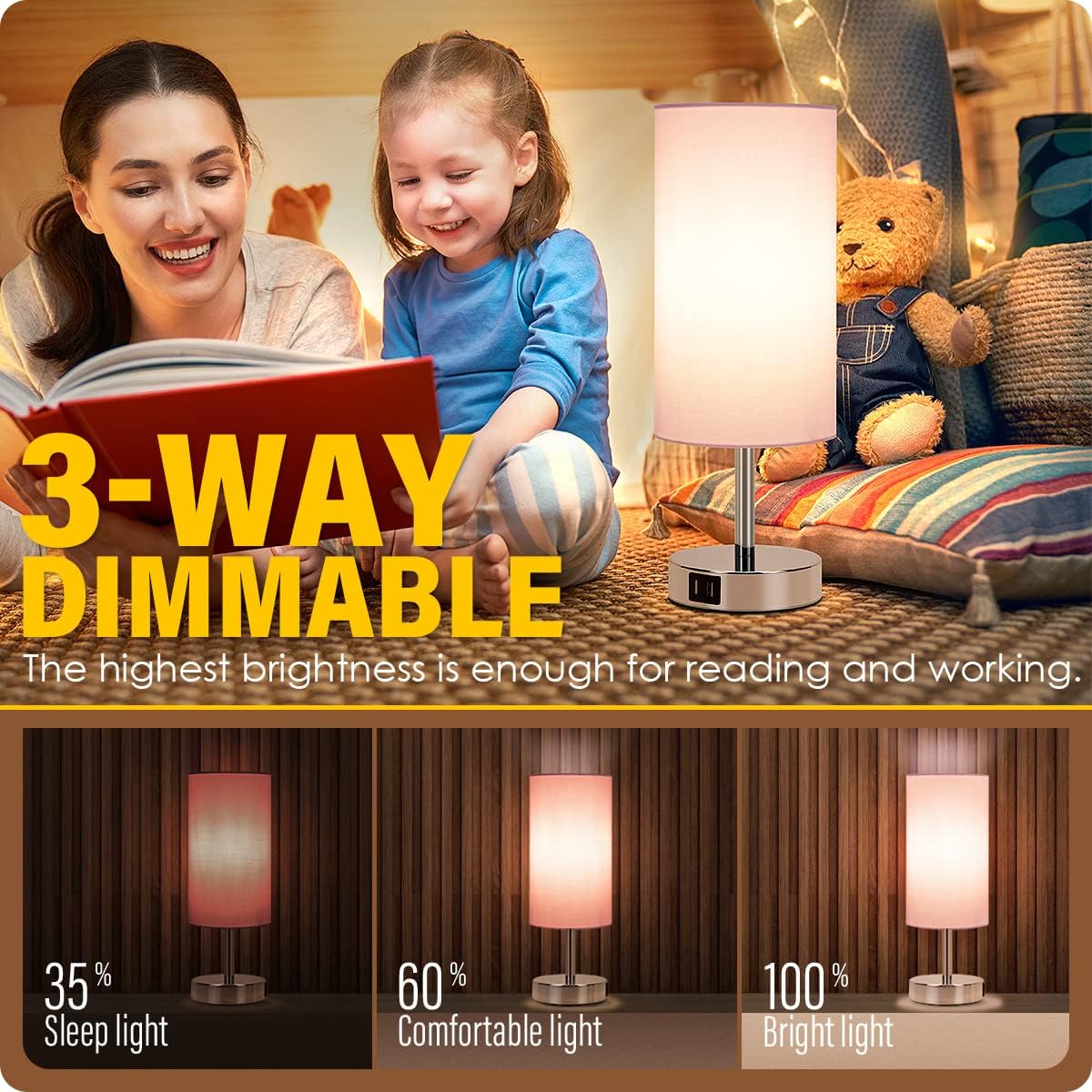 Yarra-Decor Bedside Table Lamp with USB Ports - Touch Control for Bedroom 3 Way Dimmable Nightstand Lamp with Round Fabric Shade for Living Room, Dorm, Home Office, Corded Electric, Without Battery