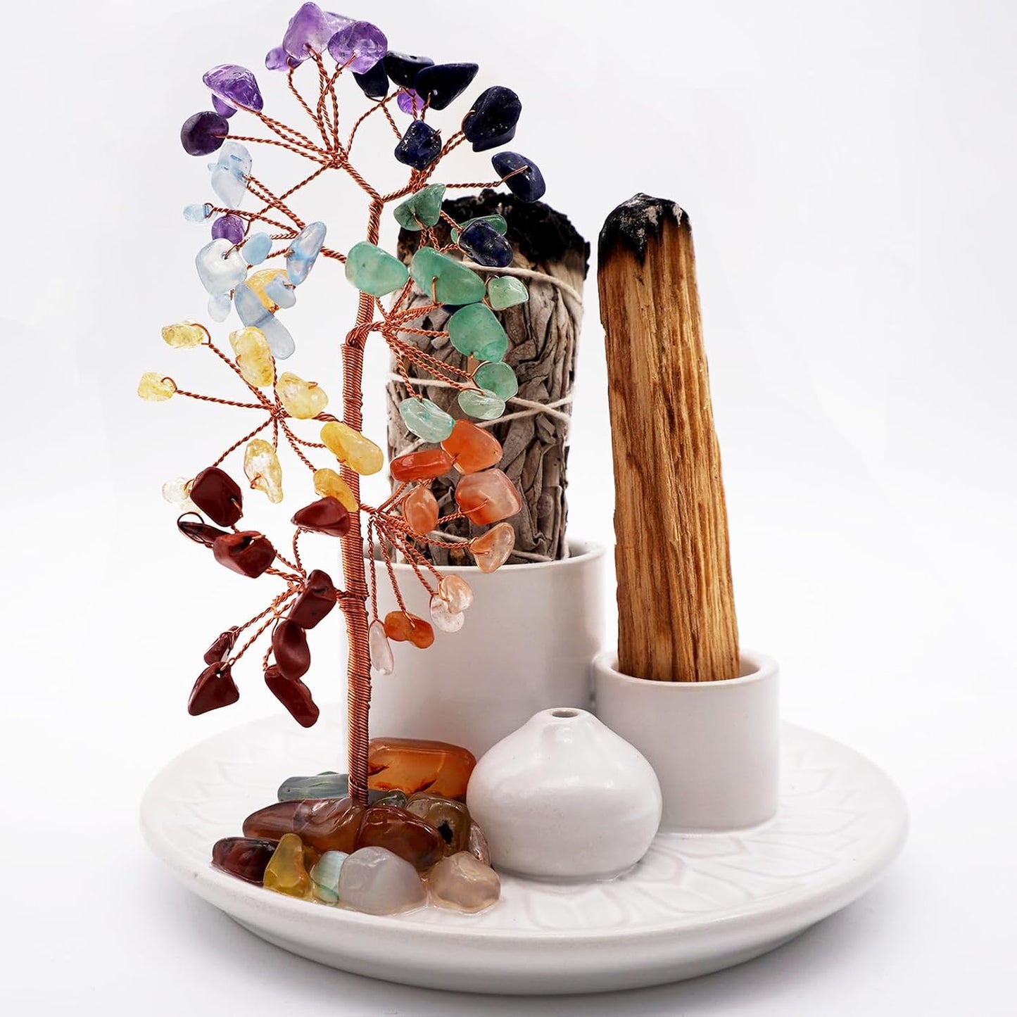 5 in 1 Incense Burner Holder with Crystal Healing Tree, Palo Santo Holder, Sage Holder, Incense Holder for Sticks/Cones/Candles, Ceramic Tray Ash Catcher for Burning Incense, Meditation Gift