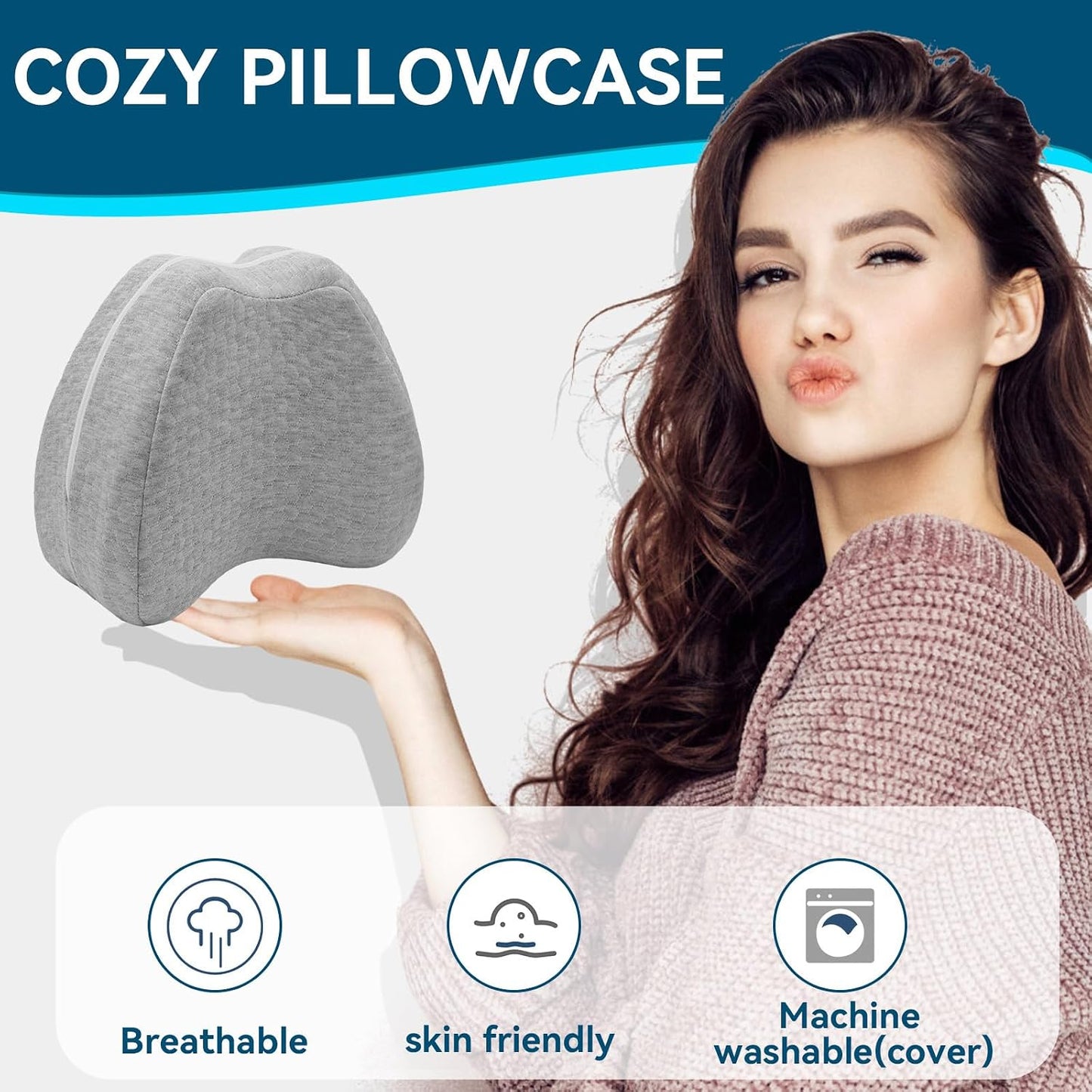 QISHFEN Knee Pillow for Side Sleepers Hip Pain Memory Foam - Leg Pillow for Side Sleeping Back, Sciatica, Knee Pain Relief - Side Sleeper Pillows with Washable Cover (1 Pack)