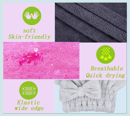 Microfiber Hair Drying Towels Head wrap with Bow-Knot Shower Cap Hair Turban hairWrap Bath Cap for Curly Long & Wet Hair Gift for Women Blackx2