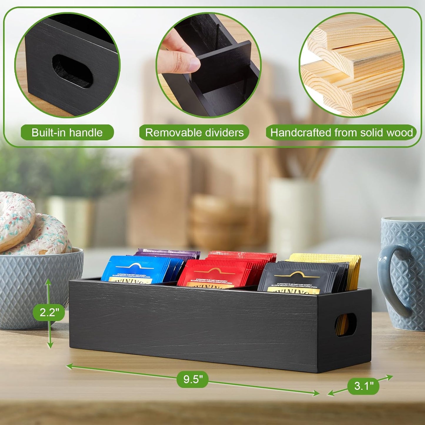 DRASTAR Tea Bag Organizer, Acacia Tea Bag Holder, Tea Storage Containers with 3 Slots, Wooden Tea Storage Accessories, Mini Tea Bag Caddy Box for Countertop