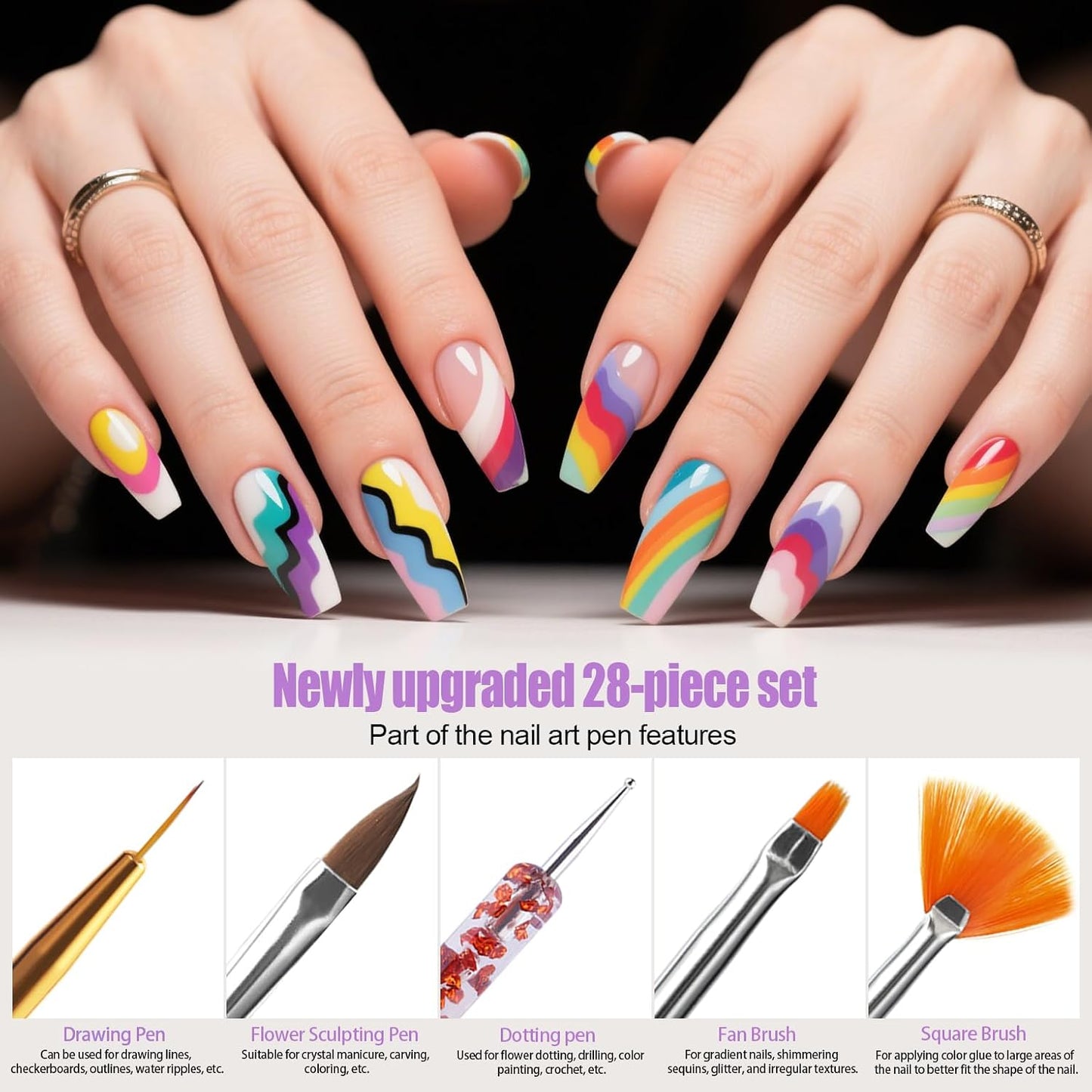 Artdone 31pcs Nail Art Brushes, Nail Art Tool Set, Dotting Tools, Dust Brush,Striping Brushes for Long Lines, Drawing Pen For Gel Polish Design supply