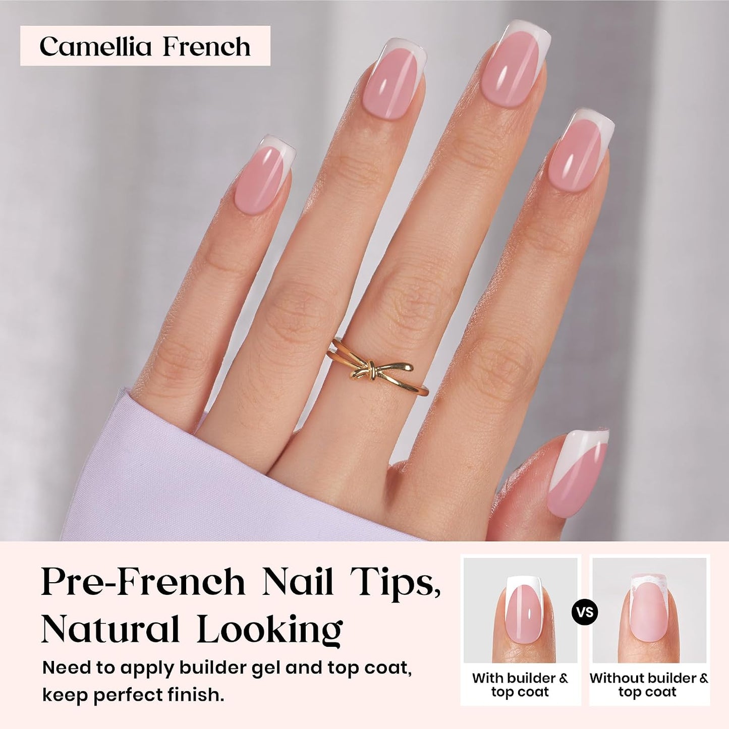 Beetles Press On Nail Kit-Short Square French Tip Press On Nails, 150Pcs Pink French Nail Tips with Nail Glue & Remover Builder Top Coat Nail Lamp, All-in-One DIY Fake Nails Gift for Women