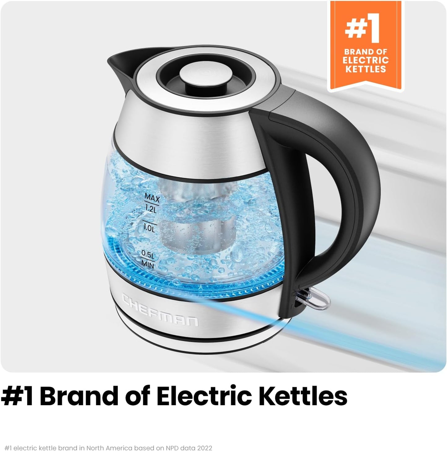 Chefman Electric Kettle with Temperature Control, 5 Presets LED Indicator Lights, Removable Tea Infuser, Glass Tea Kettle & Hot Water Boiler, 360° Swivel Base, BPA Free, Stainless Steel, 1.8 Liters