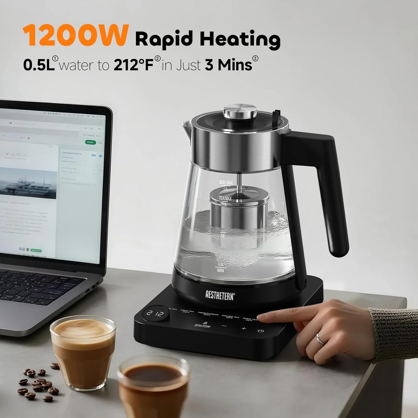 Electric Tea Kettle with Infuser 1.7L Glass Electric Kettle with Temperature Control 175°F Min Temp Automatic Shut Off 12H Keep Warm for Tea Coffee Water Heater, Black