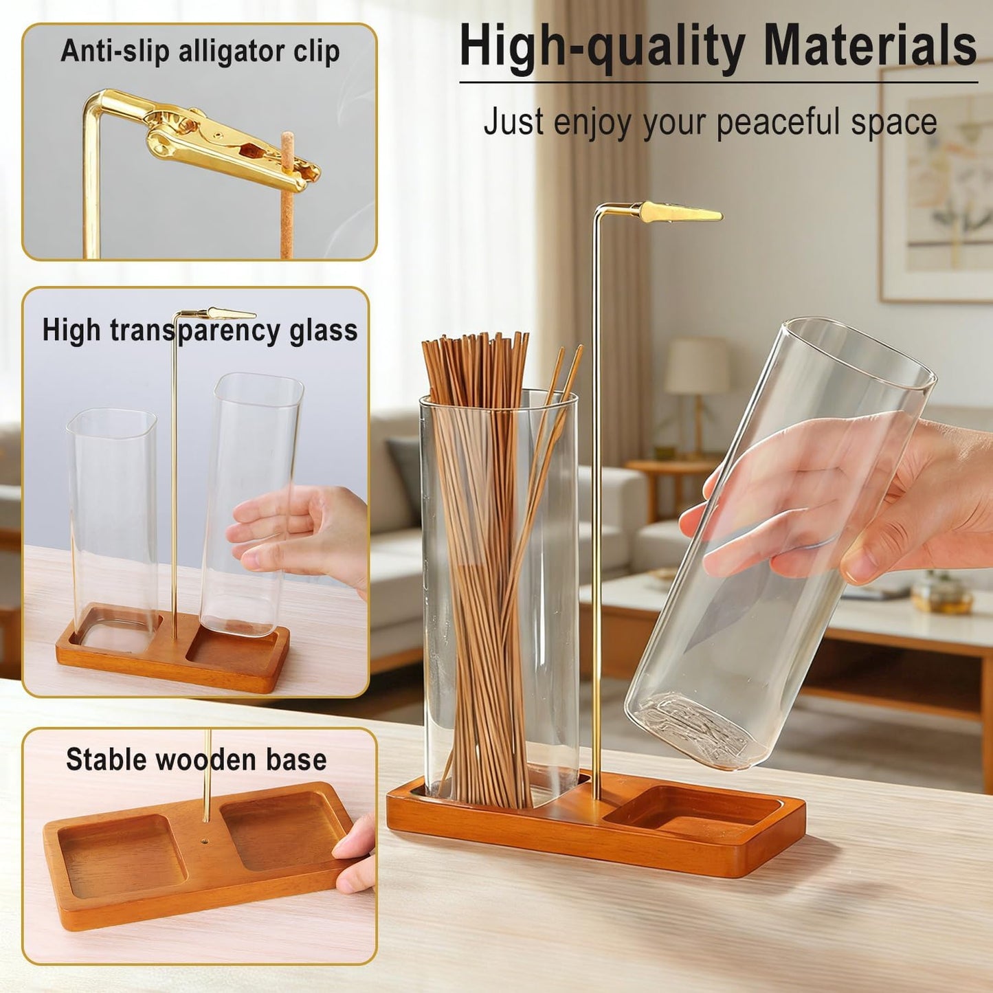 2 in 1 Incense Holder for Sticks, Anti-Ash Flying Incense Burne with Glass Ash Catcher and Incense Sticks Organizer for Meditation Yoga Spa Home Decor (Dark Base)