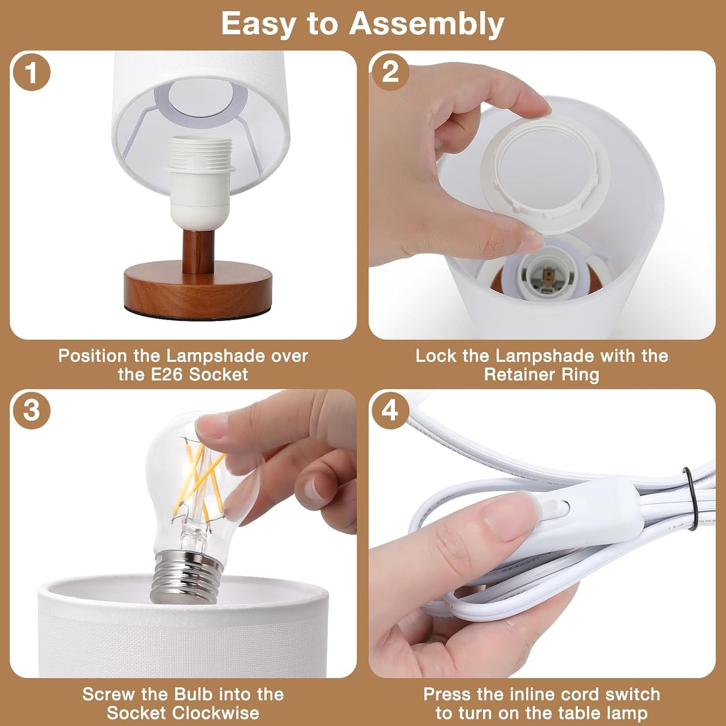 Fenmzee Small Table Lamp for Bedroom - Inline Control, Bedside Lamp with 3000K A15 LED Blub, Easy Assembly (Cream Shade - Wood Base, 9" Inline Control)