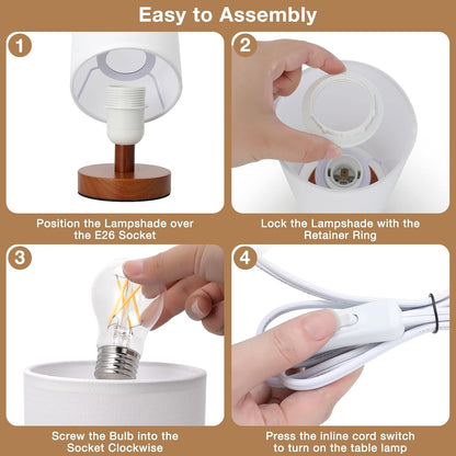 Fenmzee Small Table Lamp for Bedroom - Inline Control, Bedside Lamp with 3000K A15 LED Blub, Easy Assembly (Cream Shade - Wood Base, 9" Inline Control)