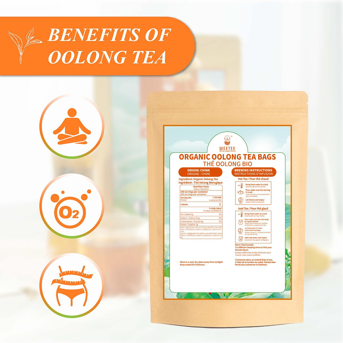 WT WEETEE Organic Oolong Tea Bags 100 Count, Mild & Refreshing, Caffeinated