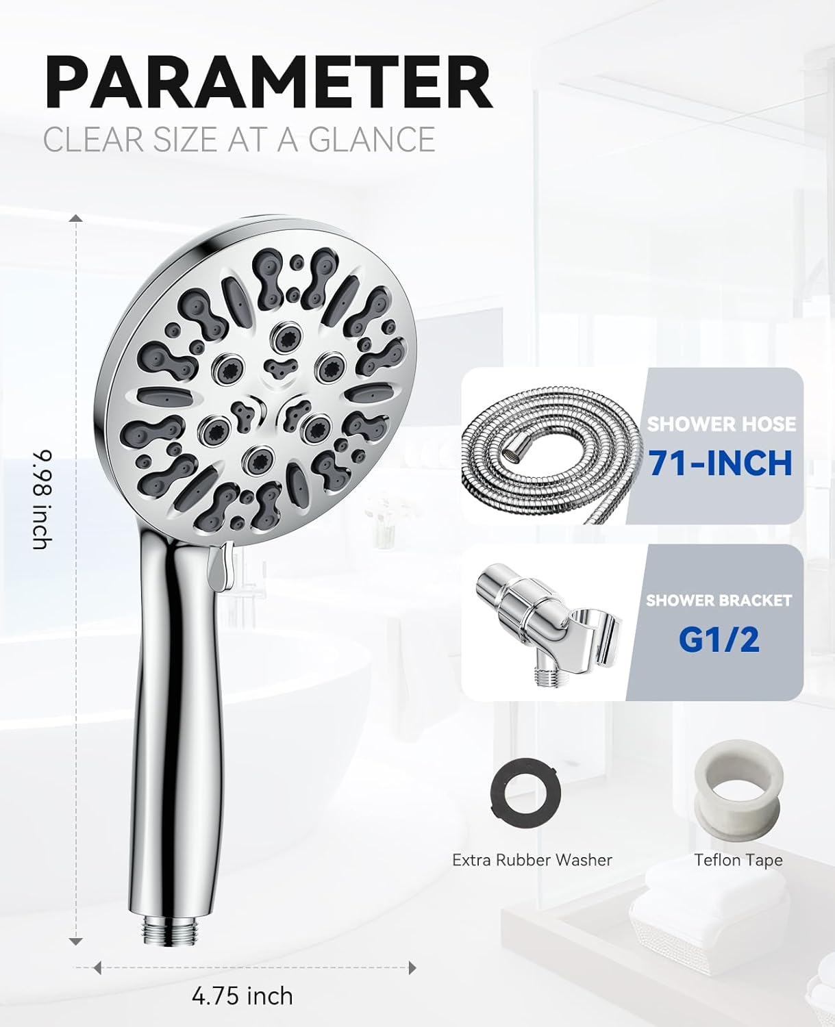 6-Setting Shower Head with Handheld, JDO High Pressure Hand held Shower Head, 4.7 Inch Chrome Detachable Showerhead Set with 59 Inch Stainless Steel Hose and Adjustable Showerhead Holder