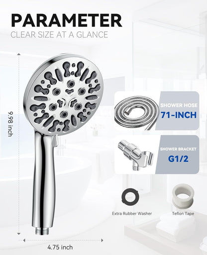6-Setting Shower Head with Handheld, JDO High Pressure Hand held Shower Head, 4.7 Inch Chrome Detachable Showerhead Set with 59 Inch Stainless Steel Hose and Adjustable Showerhead Holder