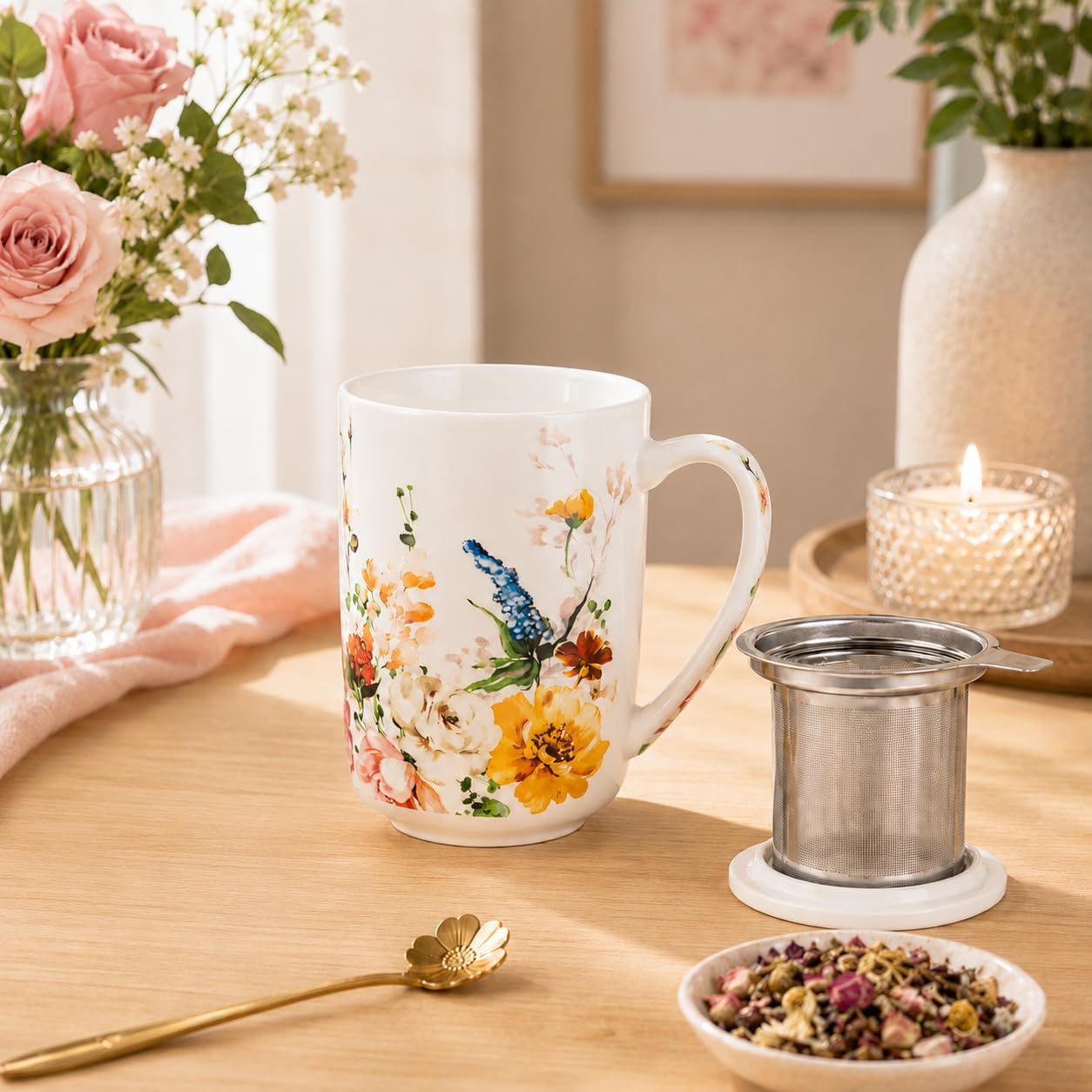 GBhome Tea Mug with Infuser and Lid, 18 Ounce Large Ceramic Loose Leaf Cup, Microwave, Dishwasher Safe, Perfect for Tea Lovers