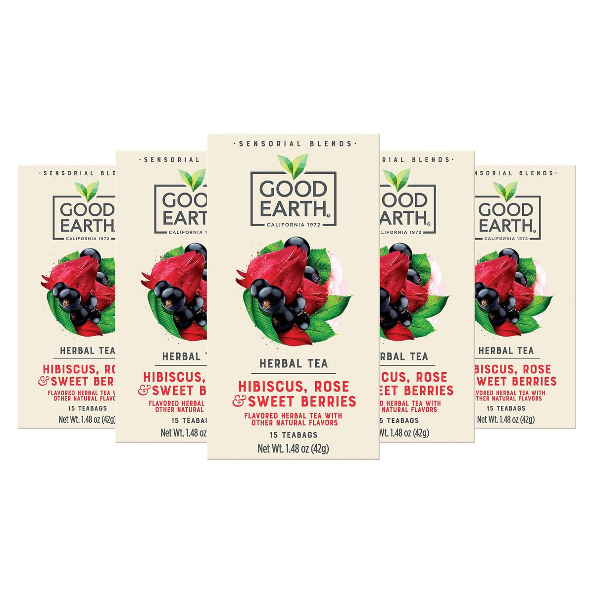 Good Earth Sensorial Blend Flavored Herbal Tea Hibiscus, Rose and Sweet Berries, No Artificial Color, No Preservatives, 15 Bag (Pack of 5)