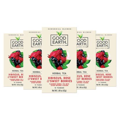 Good Earth Sensorial Blend Flavored Herbal Tea Hibiscus, Rose and Sweet Berries, No Artificial Color, No Preservatives, 15 Bag (Pack of 5)