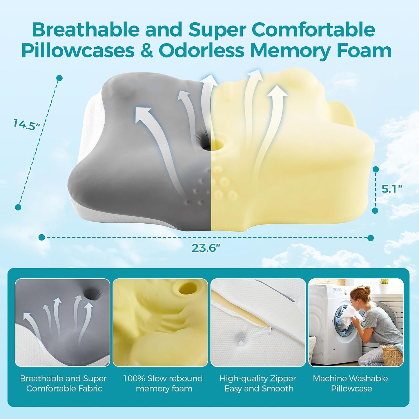 BDEUS Sleep Apnea Pillow, Cervical Neck Pillow for Pain Relief, Ergonomic Side Sleeper Pillow for Adults, Orthopedic Contour Memory Foam Pillow for Neck Support, Anti Snore, Cooling, White