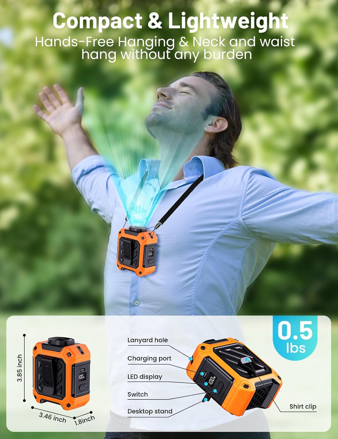 Portable Waist Fan with 10000mAh Battery, 5 Speeds, 130° Wide Angle Airflow, Hands-Free Clip-on for Outdoor Work, Hiking, Camping (orange)