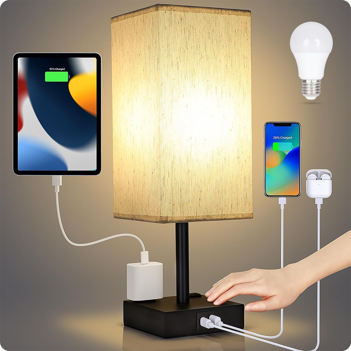 Bedside Table Lamp for Bedroom - Touch Small Lamp with USB C+A Charging Ports & AC Outlets, 3 Way Dimmable Nightstand Light for Living Room (LED Bulb Included, Grey)