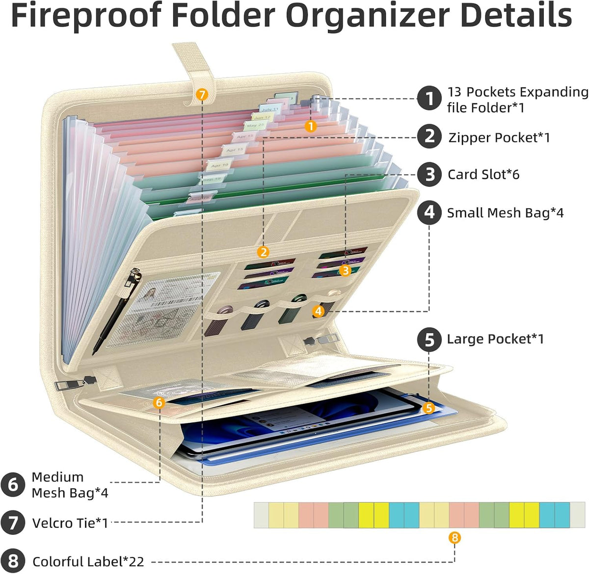 Fireproof Accordion File Organizer, Expanding File Folder with 13 Pockets