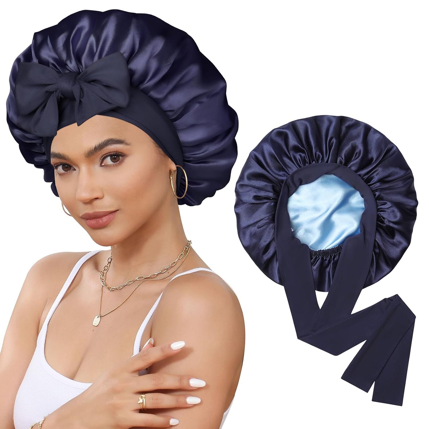 Satin Bonnet for Sleeping Cap Double Layer Hair Bonnet with Elastic Tie Band for Curly Hair Night Cap (Bean Paste + Pink)