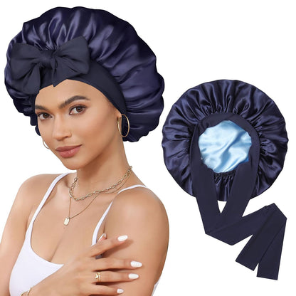 Satin Bonnet for Sleeping Cap Double Layer Hair Bonnet with Elastic Tie Band for Curly Hair Night Cap (Bean Paste + Pink)