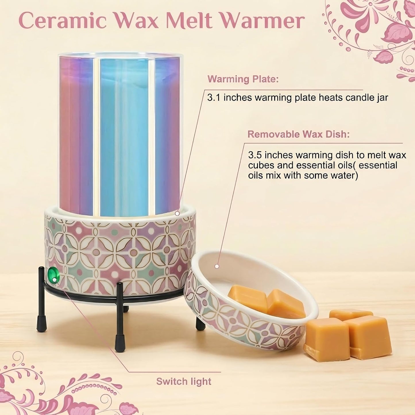 NAFANG Blue & White Porcelain Pattern Wax Melt Warmer,Ceramic 3-in-1 Electric Candle Wax Warmer for Scented Wax Melter Oil Burner for Home Office Bedroom Gift & Decor (with KD Iron Shelf)