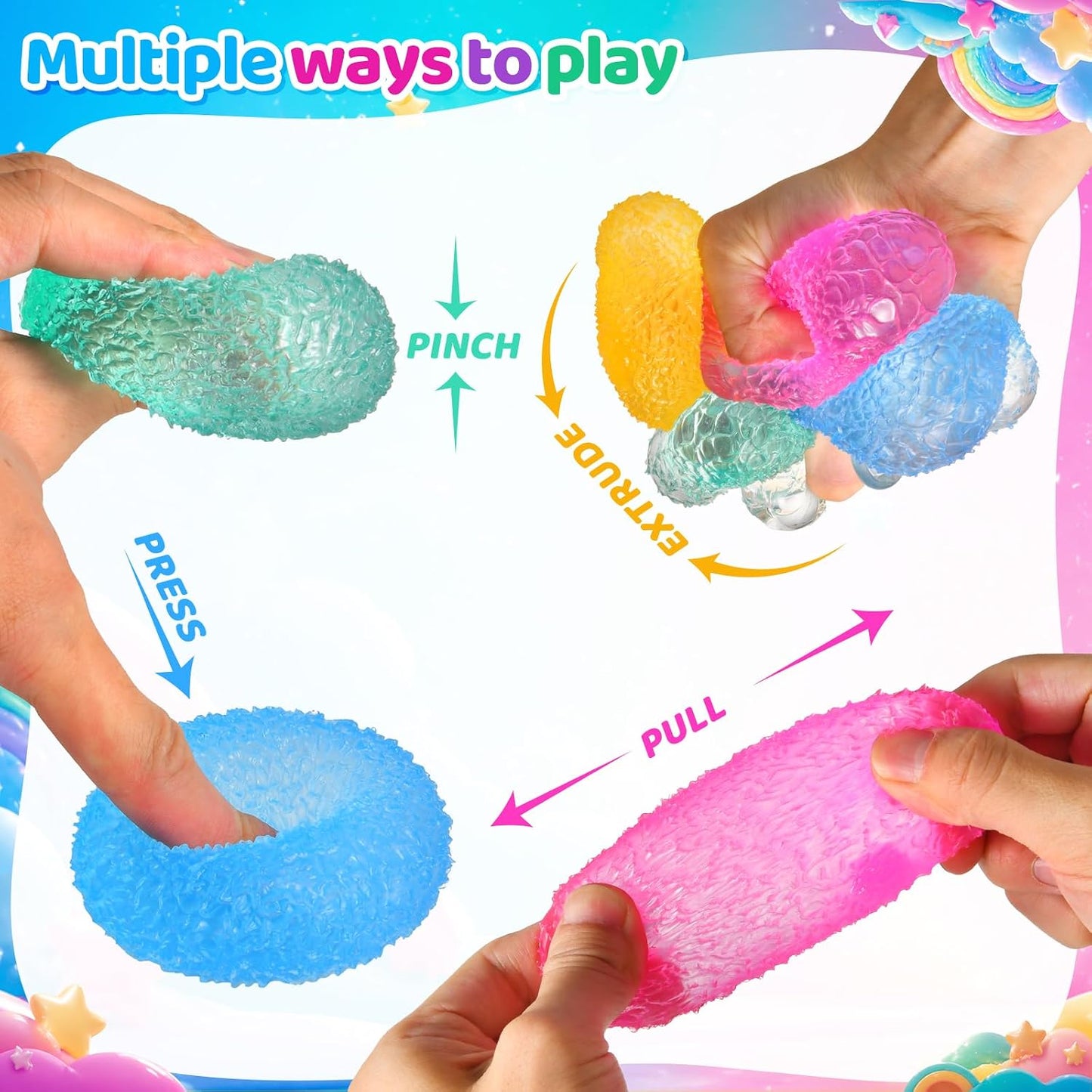 4 Packs Stress Balls for Kids Adult, Stretch and Squeeze Stress Balls for Anxiety Relief, Sensory Squishy Ball for Classroom Prizes Birthday Party Favor Gifts (Squeeze Ball)