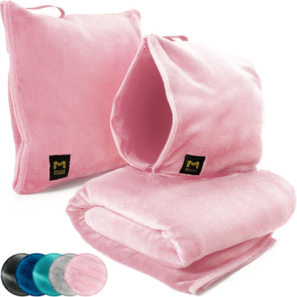 Travel Blanket Airplane Compact with Hoodie – 2in1 Airplane Travel Accessories from Plane Blanket to Travel Pillow with Luggage Strap, Soft Handle & Secure Pocket