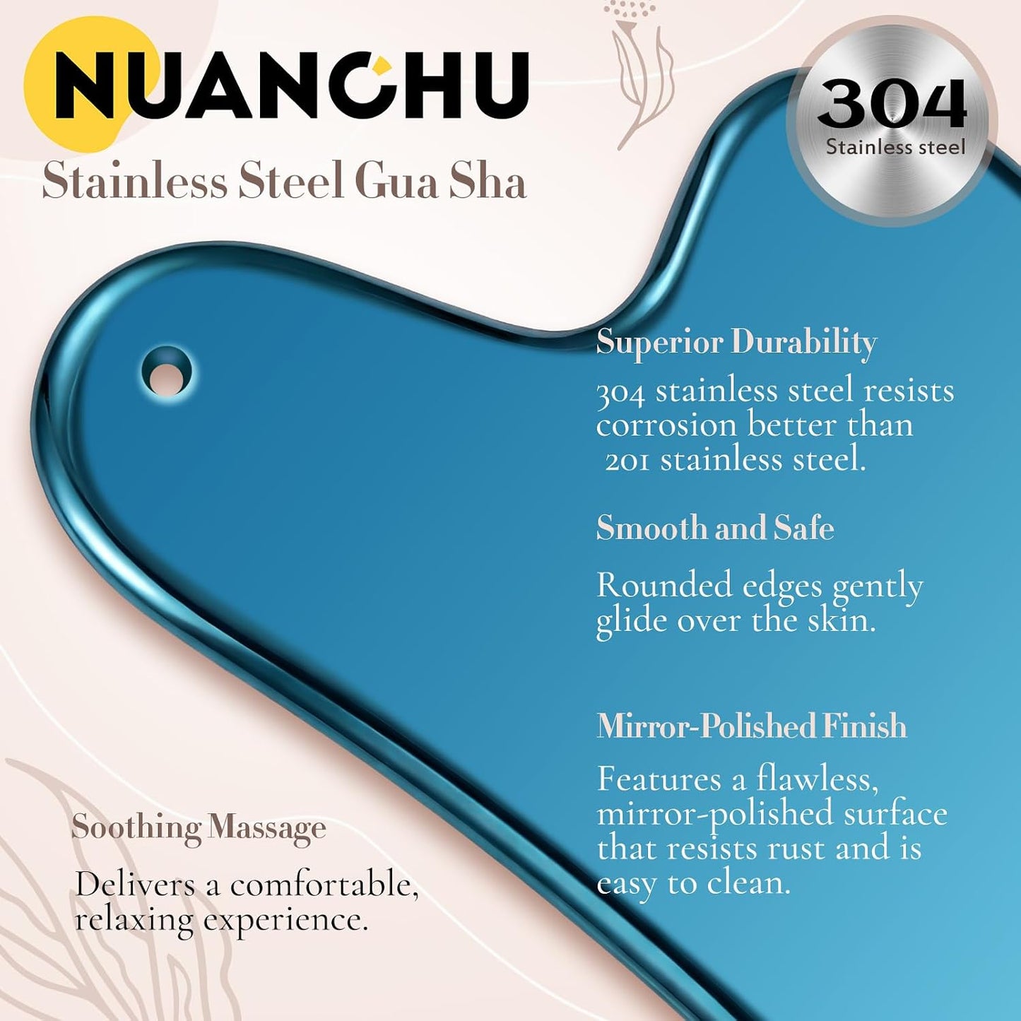 Nuanchu Stainless Steel Gua Sha Facial Tool, Metal Gua Sha for Lymphatic Drainage, Guasha Face Sculpting Double Chin Reduce with Pouch Self Care Gift(304 Stainless Steel,Silver)