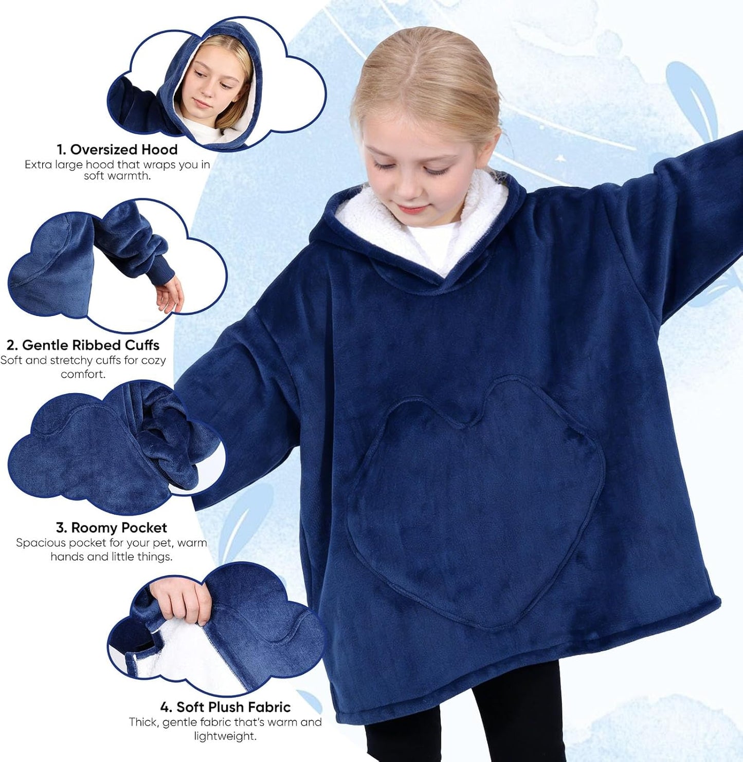 Kids Wearable Blanket Hoodie Cozy Fleece Blanket Sweatshirt Gift for Boys and Girls with Plush Hood Giant Pocket