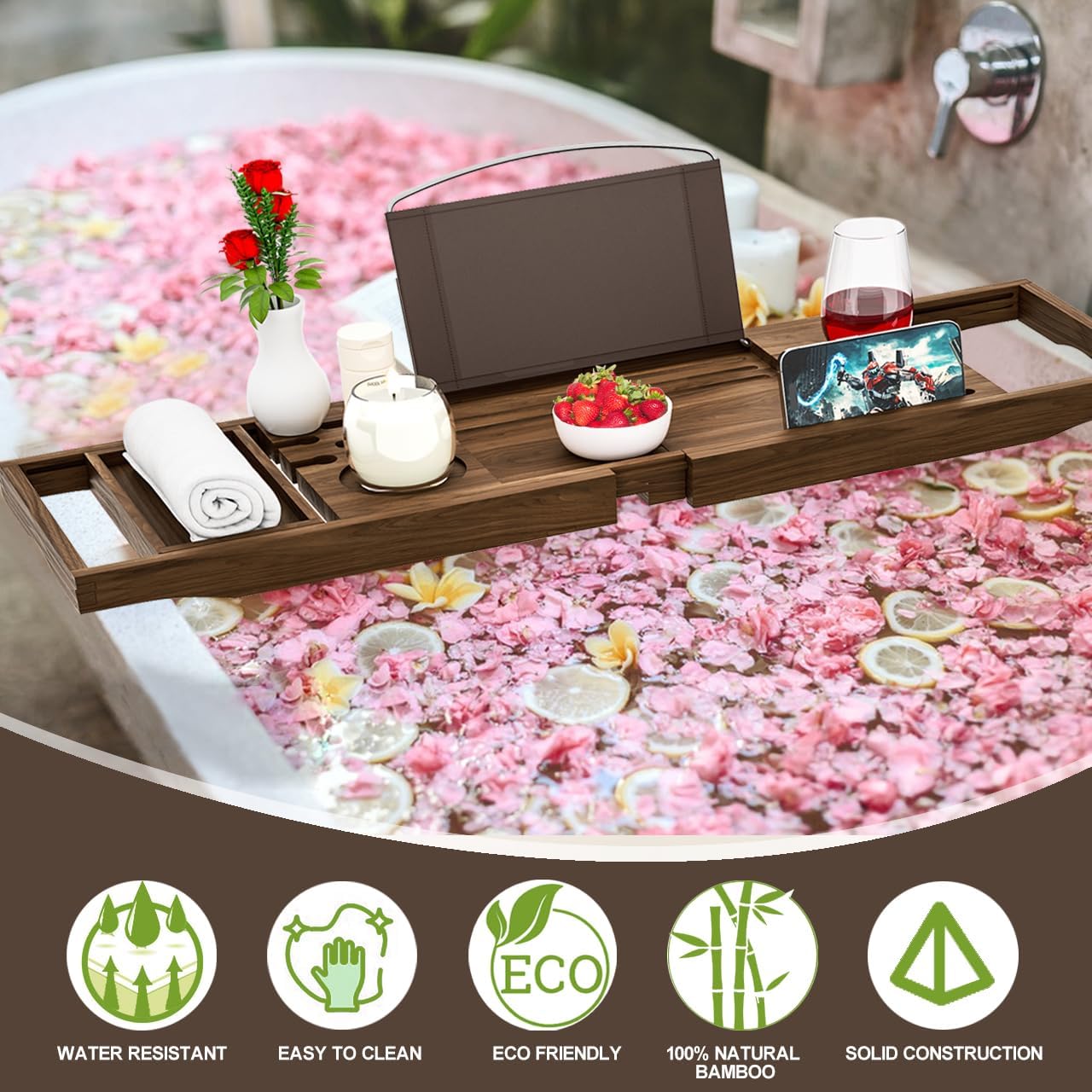 Premium Bamboo Bathtub Tray Caddy - Bath Tub Tray Table for Bathtub - Bath Caddy Tray for Bathtub, Expandable Size, Fits Most Bath Tubs