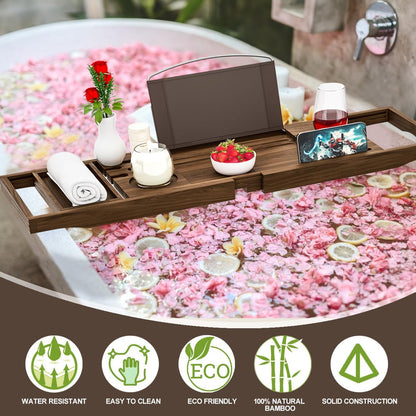 Premium Bamboo Bathtub Tray Caddy - Bath Tub Tray Table for Bathtub - Bath Caddy Tray for Bathtub, Expandable Size, Fits Most Bath Tubs
