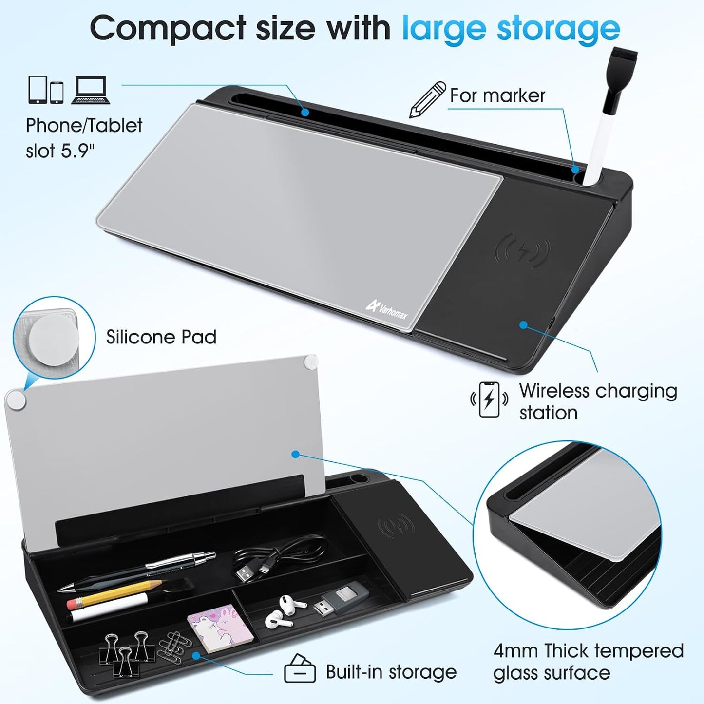 Varhomax Glass Weekly Dry Erase Desk White Board, Desktop to Do List Planner Whiteboard Calendar with Storage Caddy Memo for Home and Office, White