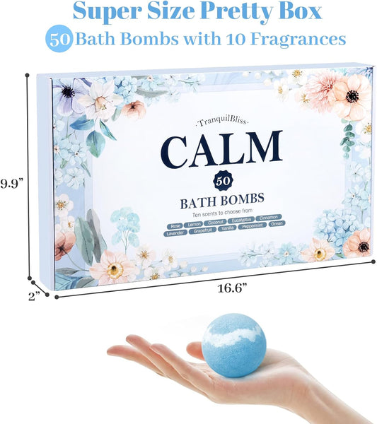 TranquilBliss Bath Bombs Set 50 PCS with 10 Rich Scents, Bath Bombs for Women, Natural Bubble Bombs with Shea Butter & Safe Oil, Ideal for Mother's Day, Valentine's Day, Christmas, Birthday Present