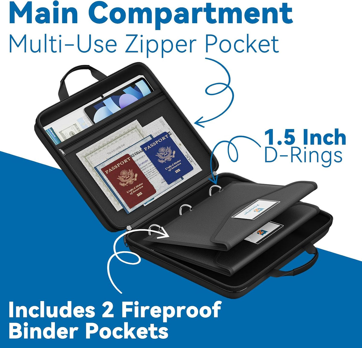 Fireproof Binder Organizer with 20 Pack Binder Pockets & Lock,Black